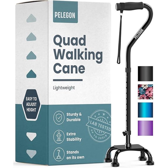 PELEGON Quad Cane - Adjustable Walking Cane with 4-Prong Base (300 lb)