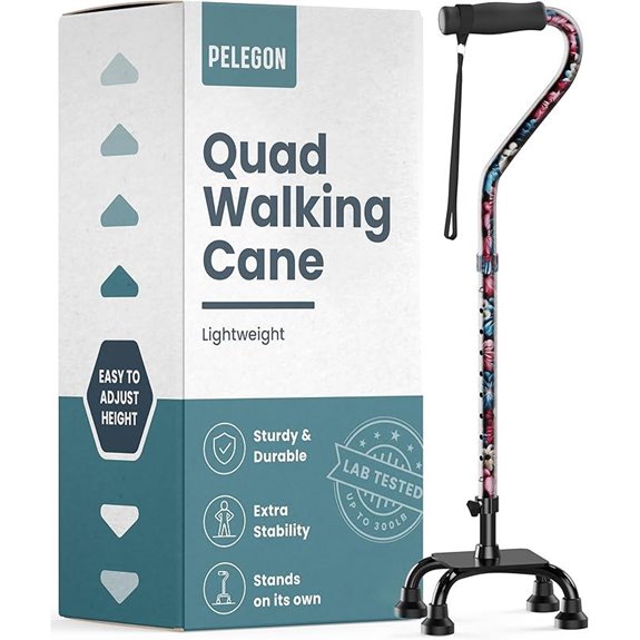 PELEGON Quad Cane (300 lb) - Adjustable Walking Cane with 4-Pronged Base for Stability