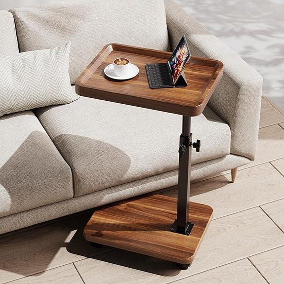 C Table Adjustable Height Swivel Side Table with Wheels (Walnut)